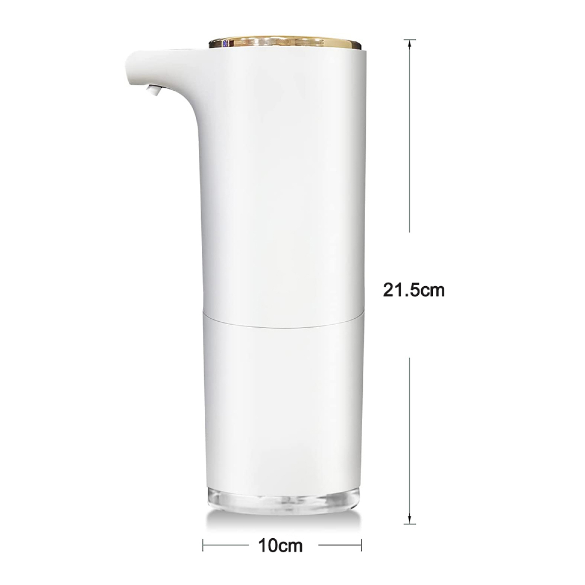 Ein weißer automatischer Seifenspender, 21,5 cm hoch, 10 cm breit, mit goldenen Details. Er steht auf weißem Hintergrund.