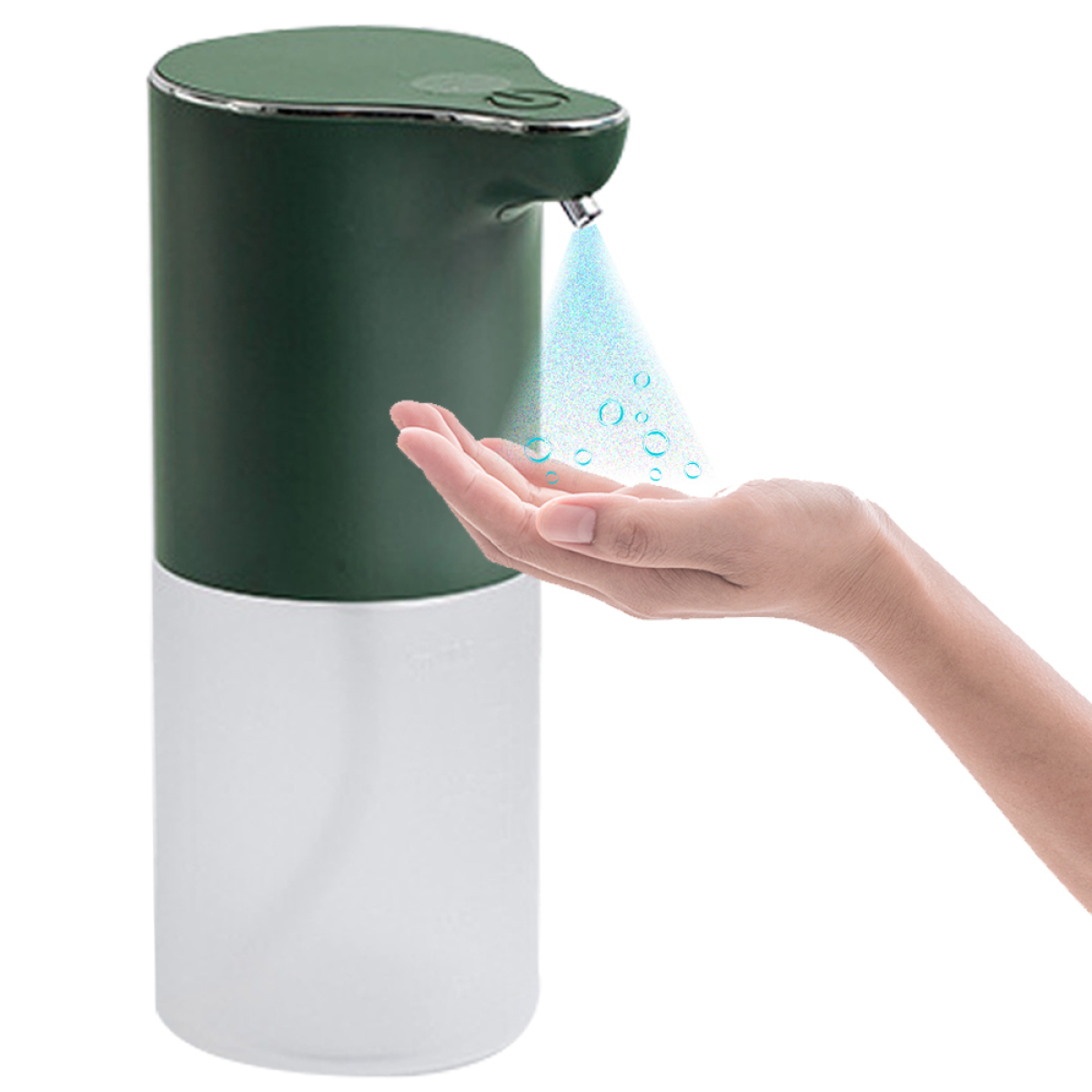 Grüner und weißer automatischer Seifenspender. Hand unter dem Spender, Schaum empfangend.