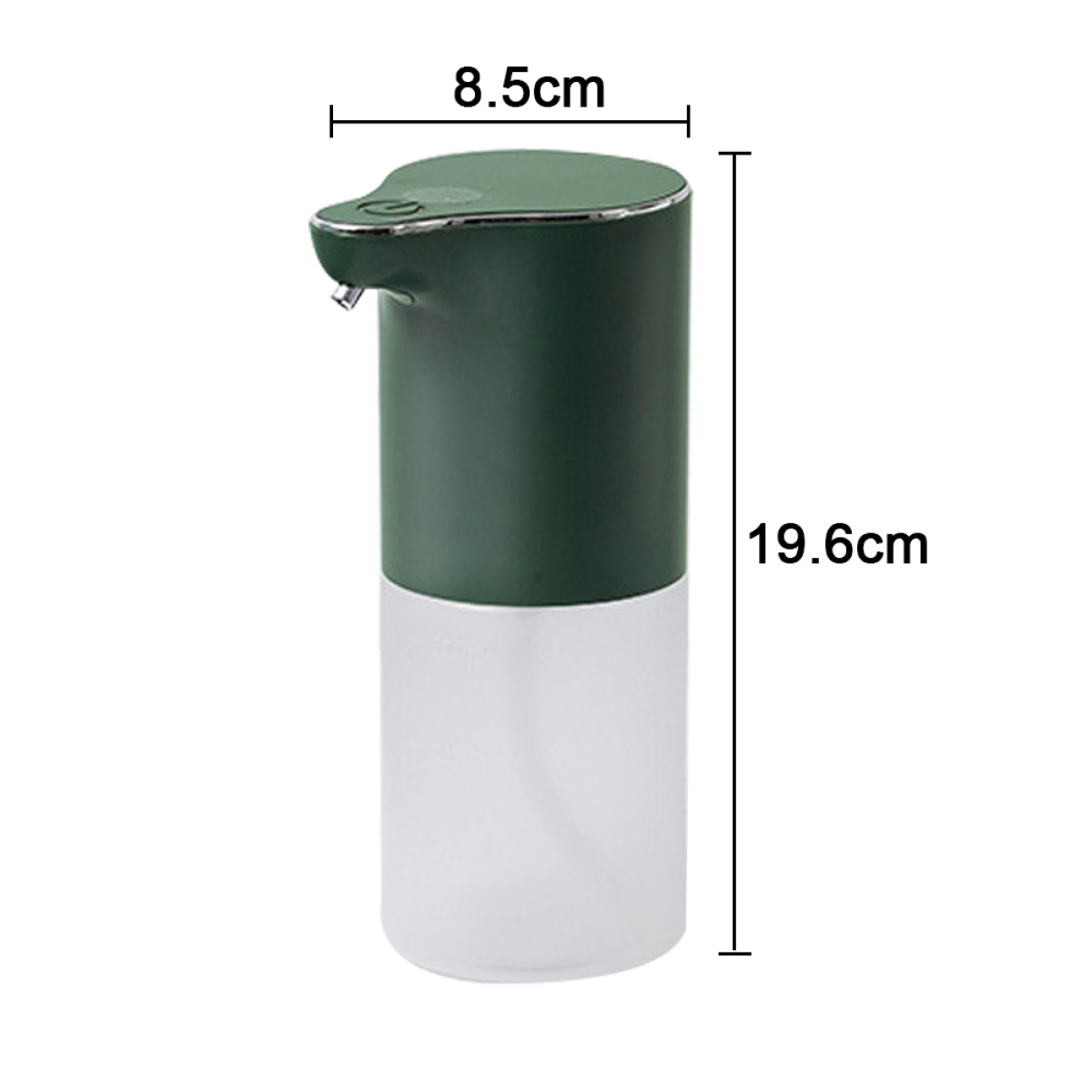 Ein grüner Seifenspender mit weißem Behälter. Der Spender ist 8,5 cm x 19,6 cm groß.