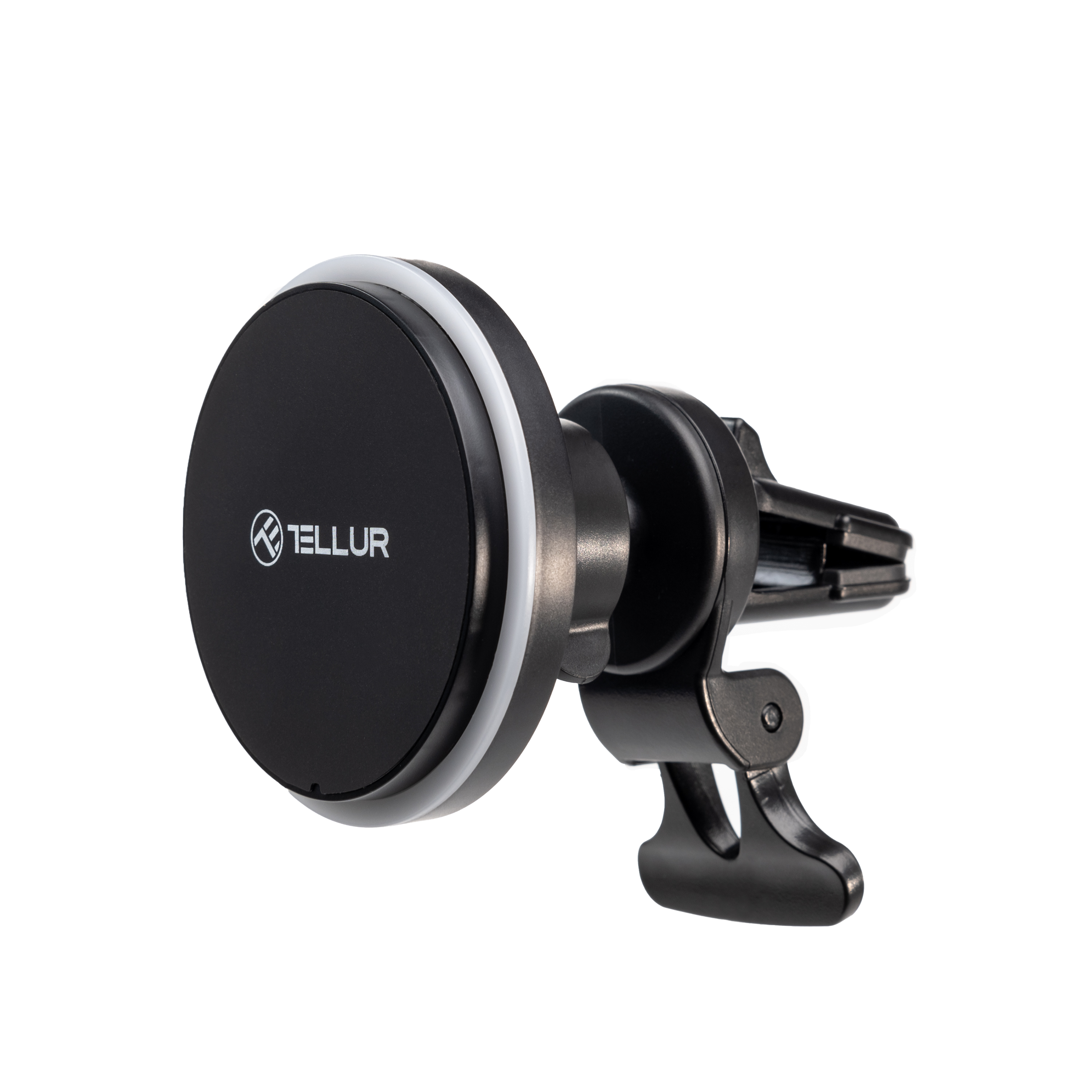 Czarny uchwyt samochodowy na telefon z białym okręgiem. Białe tło.