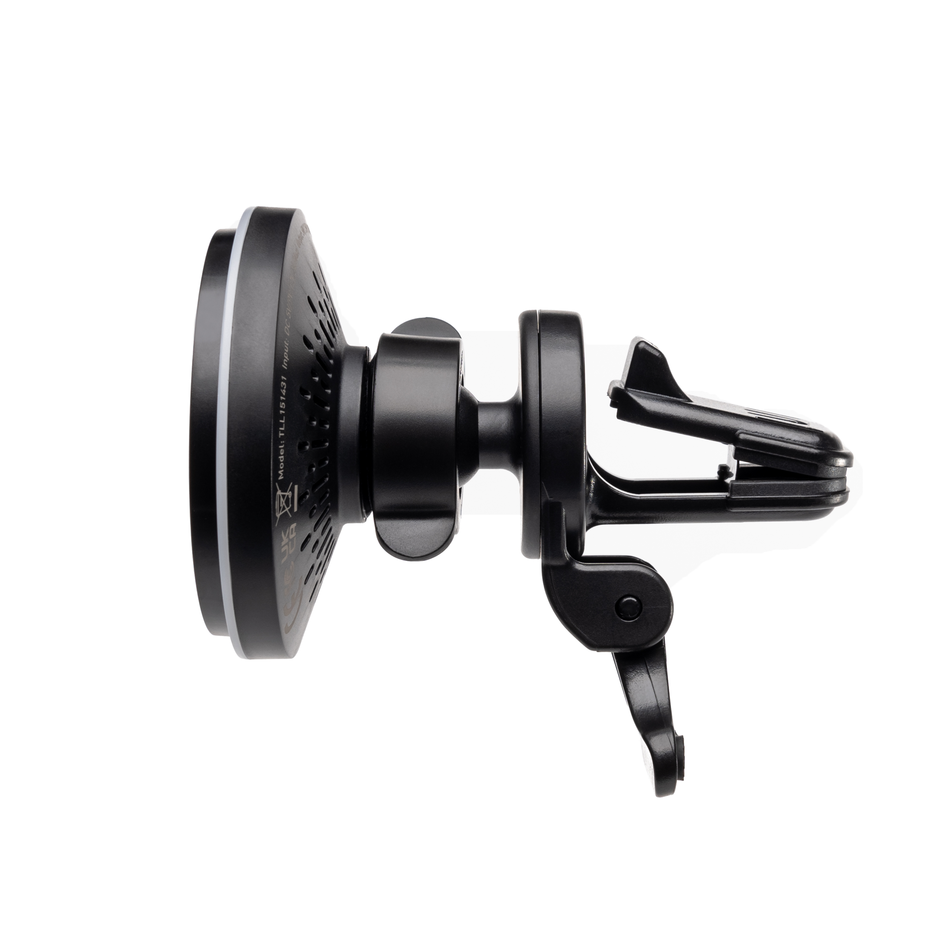 Czarny uchwyt do telefonu samochodowego z okrągłą głowicą i mocowaniem na klips, na białym tle.