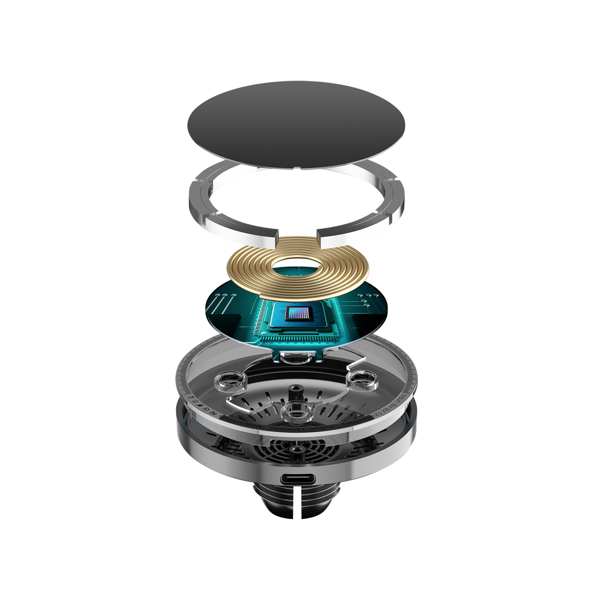 Widok z rozstrzałem ładowarki bezprzewodowej pokazujący elementy wewnętrzne, w tym płytkę obwodu.