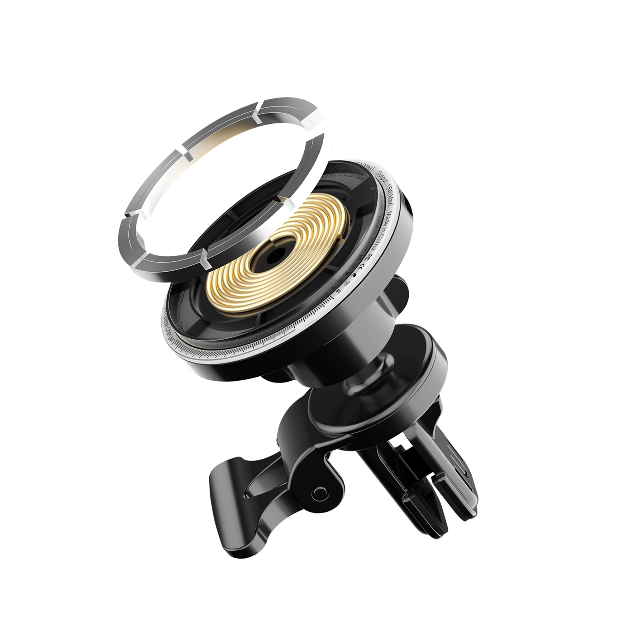 Uchwyt samochodowy na telefon w zdekonstruowanym widoku. Uchwyt jest czarny i składa się z kilku części.