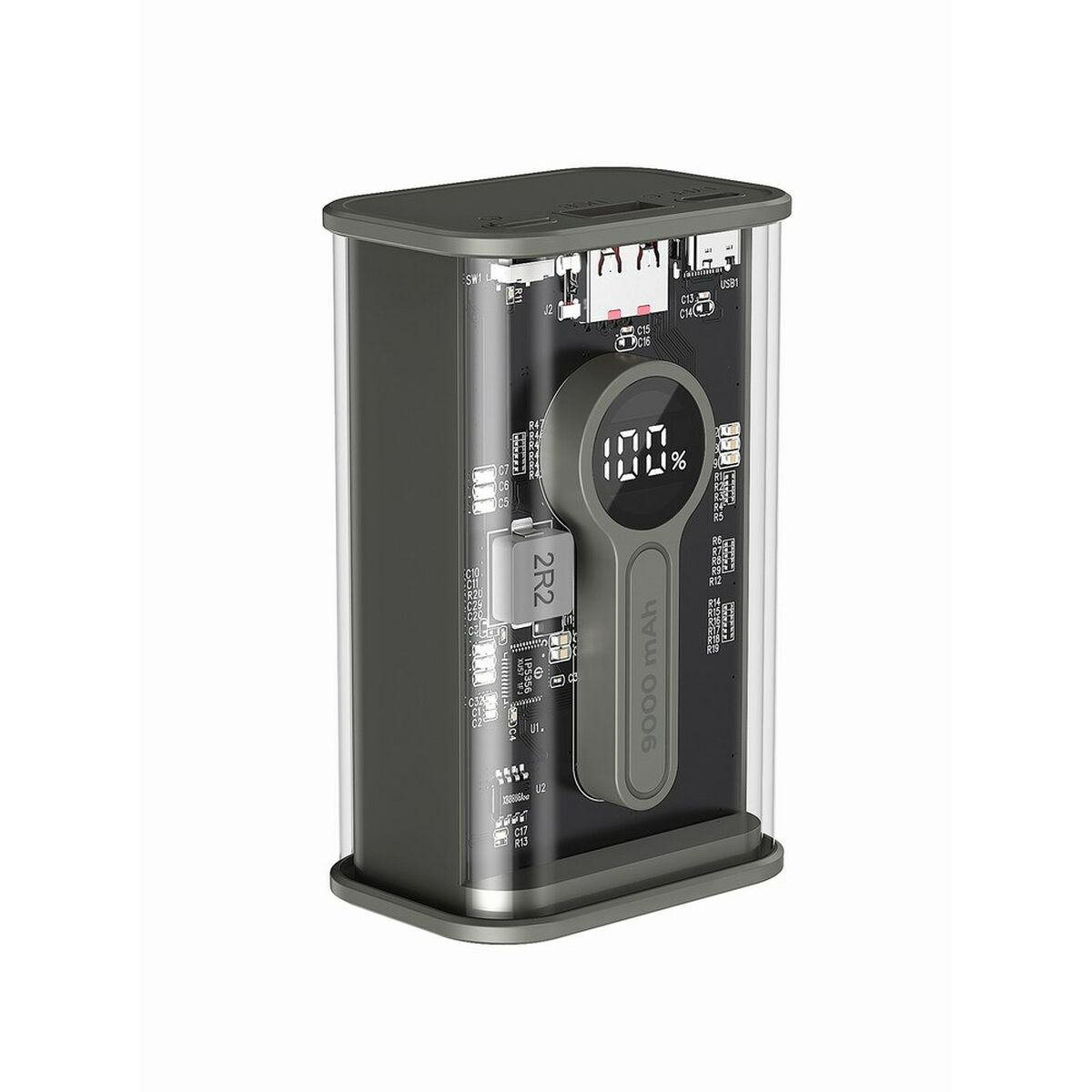 Graue Powerbank mit Digitalanzeige, die 100 % anzeigt. Zeigt die innere Platine und 9000 mAh.