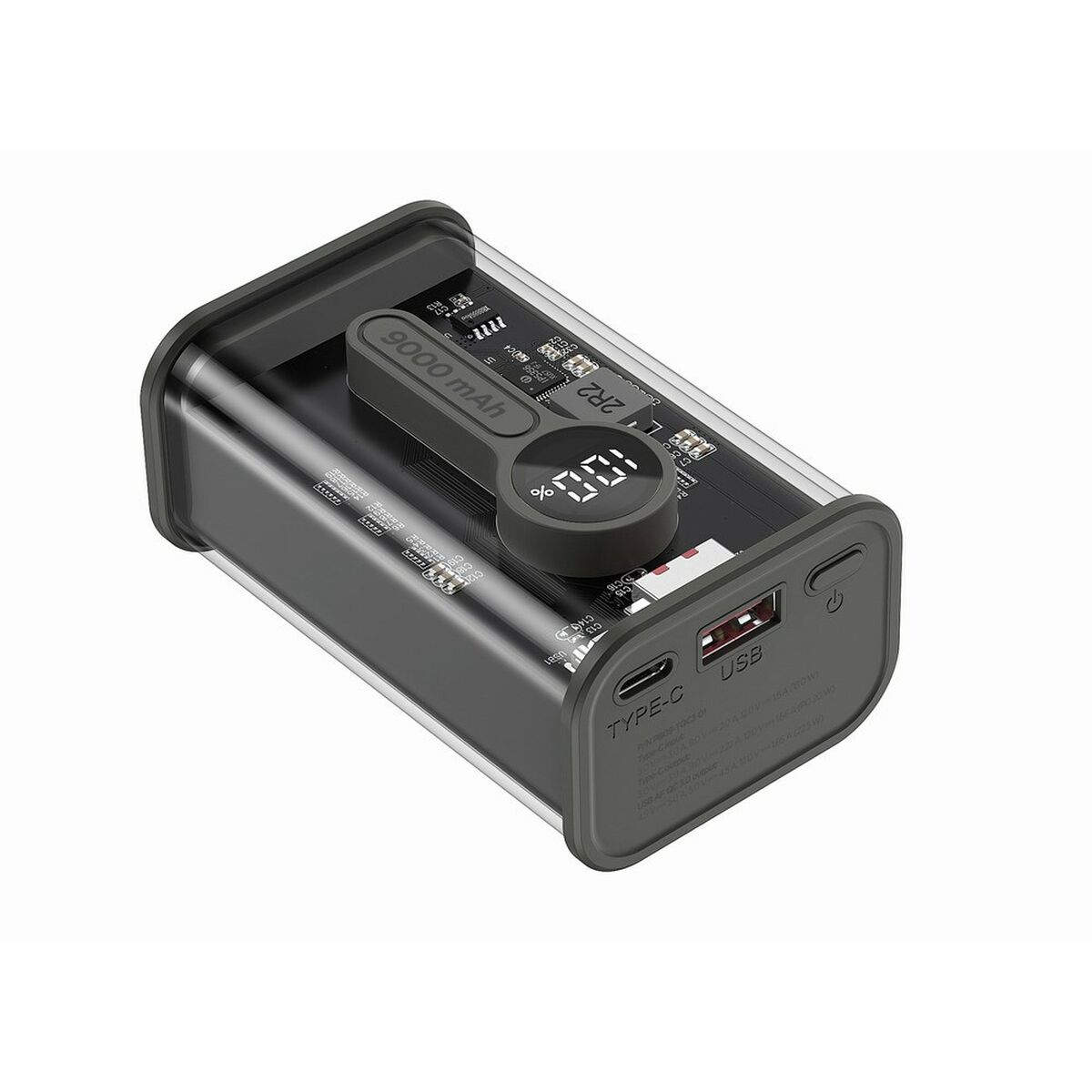 Schwarze Powerbank mit Bildschirm. USB- und Typ-C-Anschlüsse. Weißer Hintergrund. Text über die Leistung.