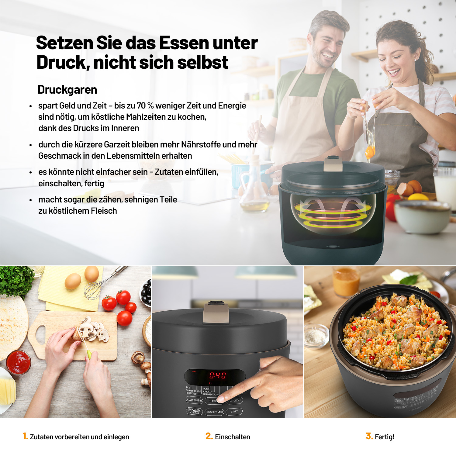 Ein Paar kocht mit einem Schnellkochtopf. Zutaten und Kocher werden angezeigt.