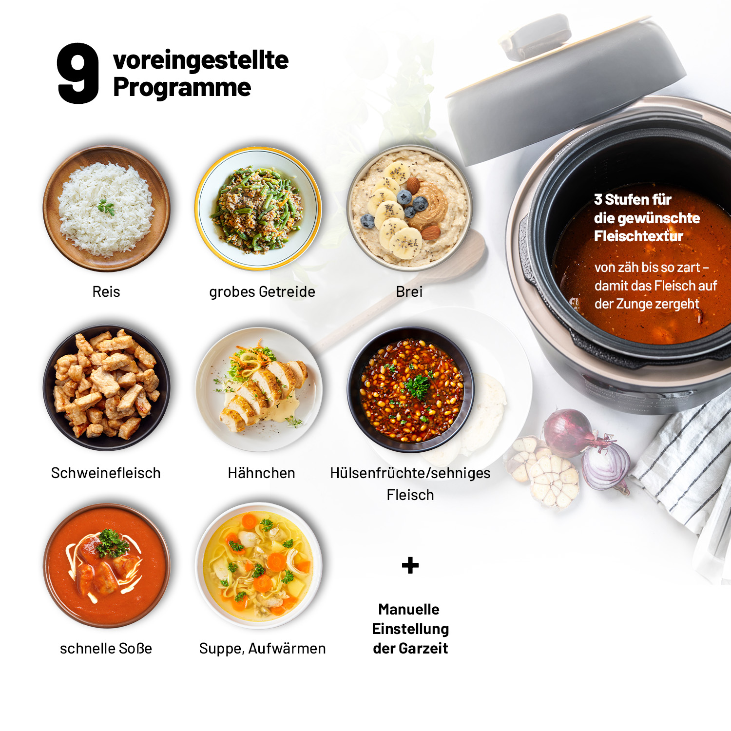 Essen wird in einem Slow Cooker mit Beilagen und Text auf Deutsch gekocht.