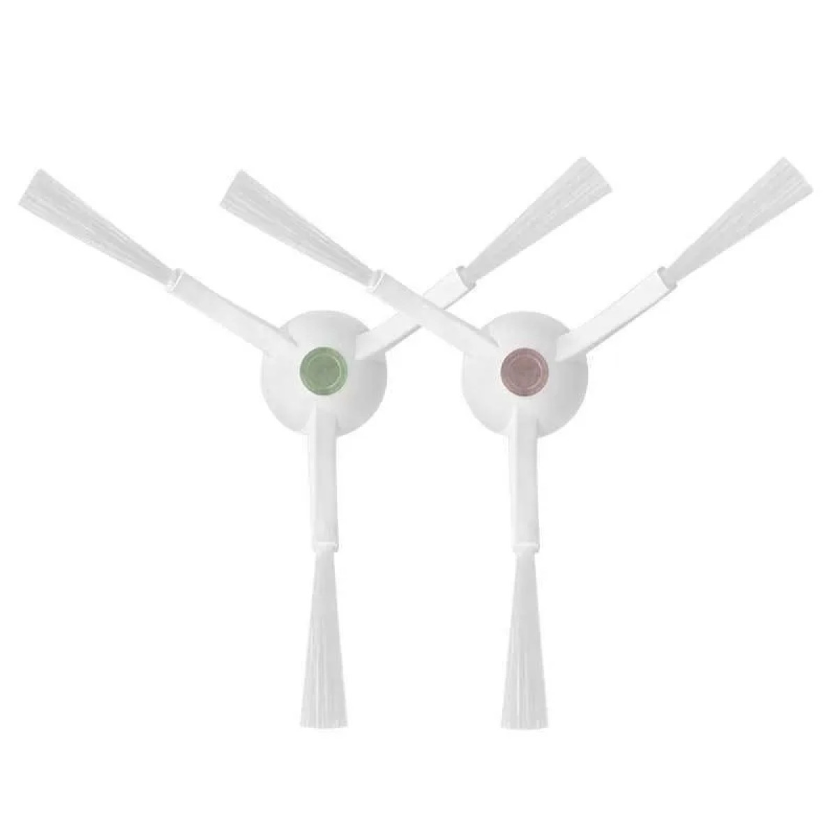 Dwie białe szczotki do robota odkurzacza z białym włosiem i zielonym i różowym środkiem.