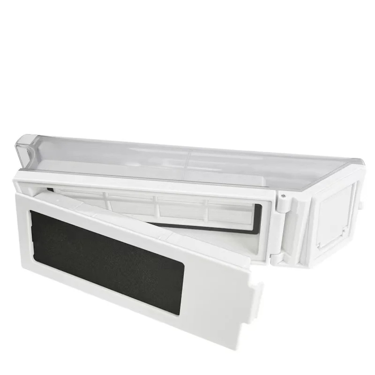 Biała prostokątna obudowa filtra powietrza. Obudowa jest otwarta, odsłaniając czarny filtr. Białe tło.