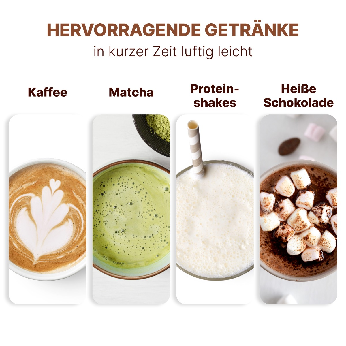 Cztery napoje: kawa, matcha, koktajle proteinowe i gorąca czekolada, z ich nazwami powyżej.
