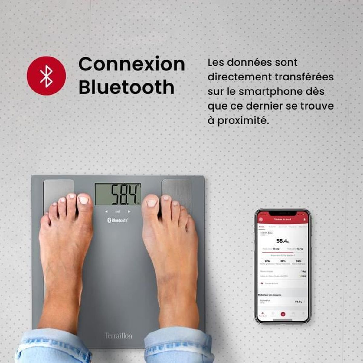 Pies en una báscula muestran 58.4. Un teléfono muestra el mismo peso, junto al icono de Bluetooth.