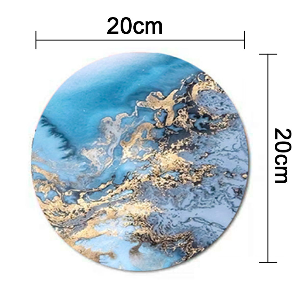 Ein rundes blau-goldenes Mauspad mit Marmordesign und Maßen von 20 cm.