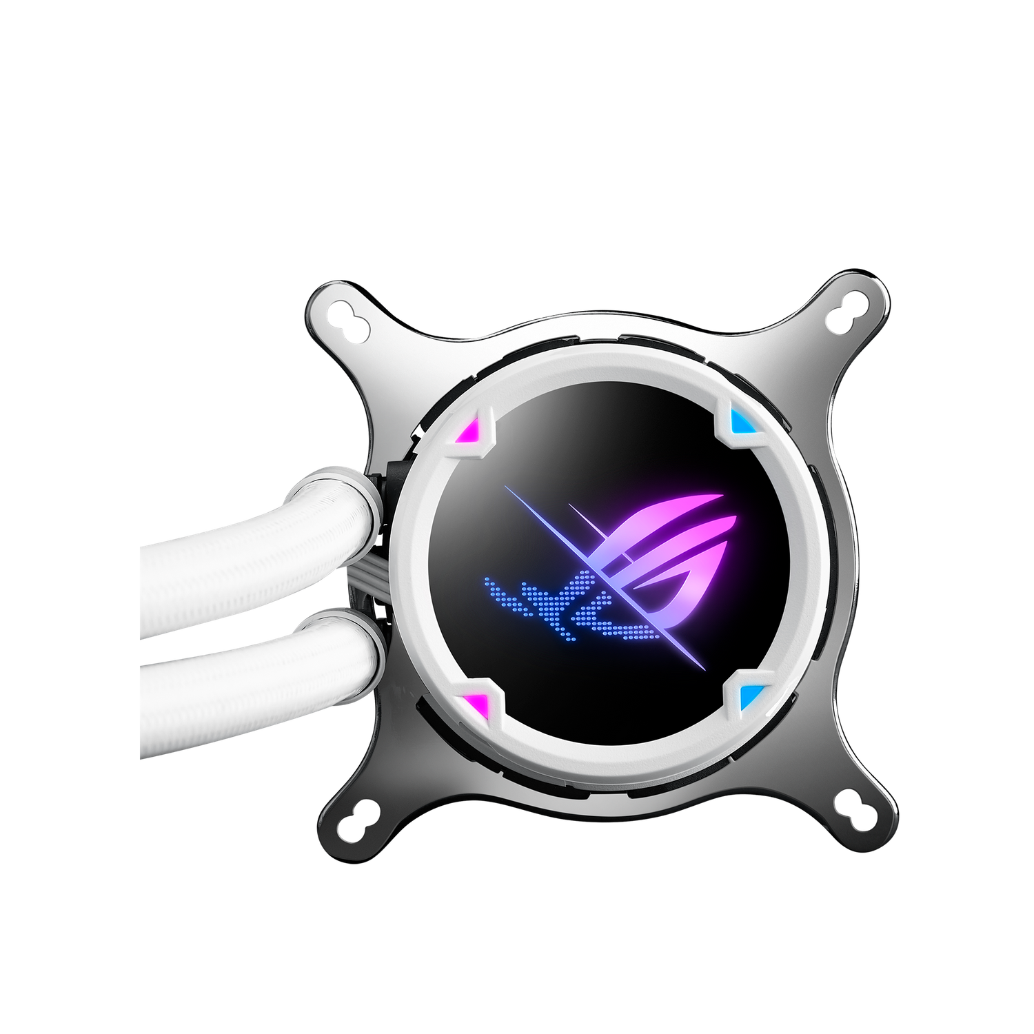 Silver water cooler. White hoses. Pink and blue arrows. Rog logo.