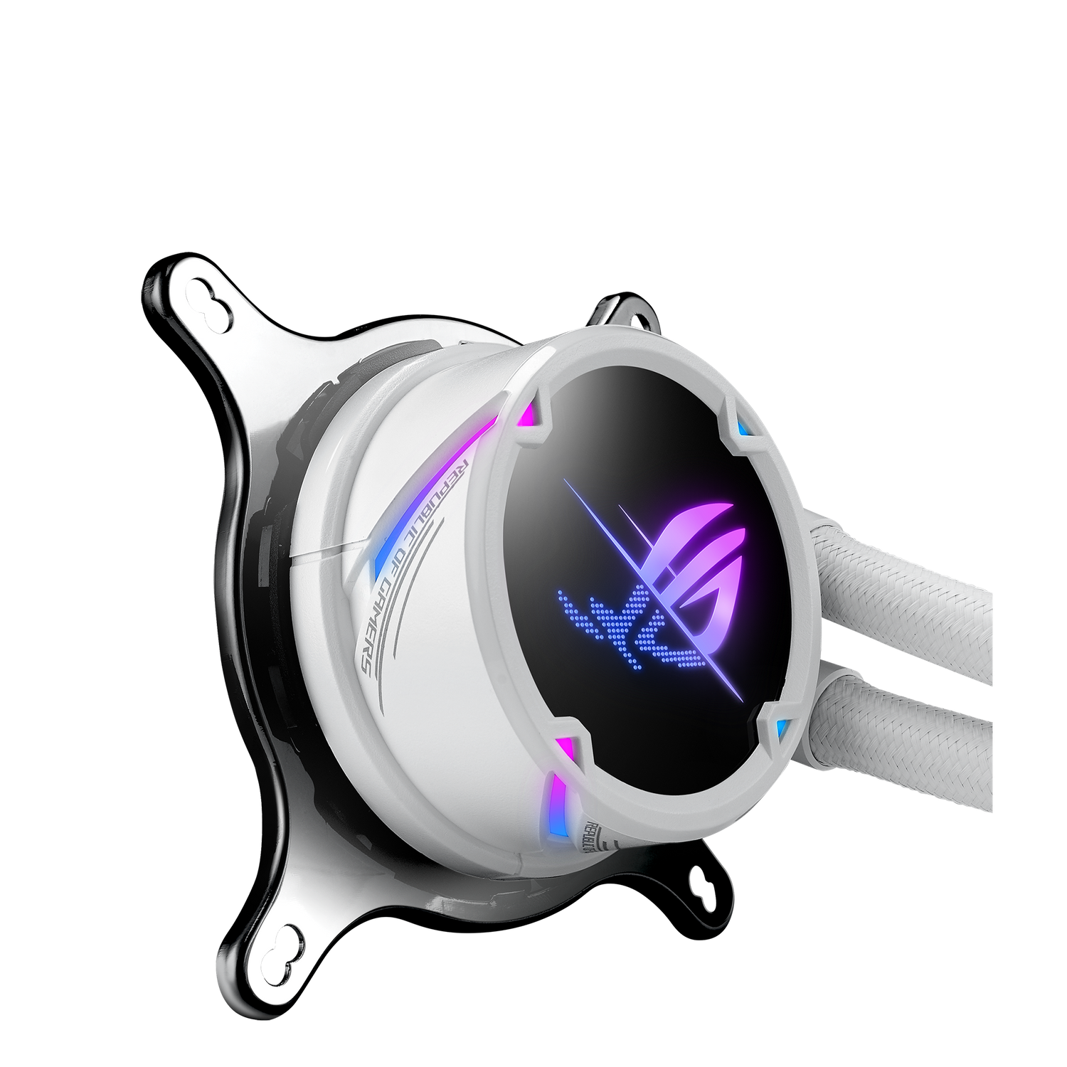 White and silver computer liquid cooler with RGB lights. The background is black.