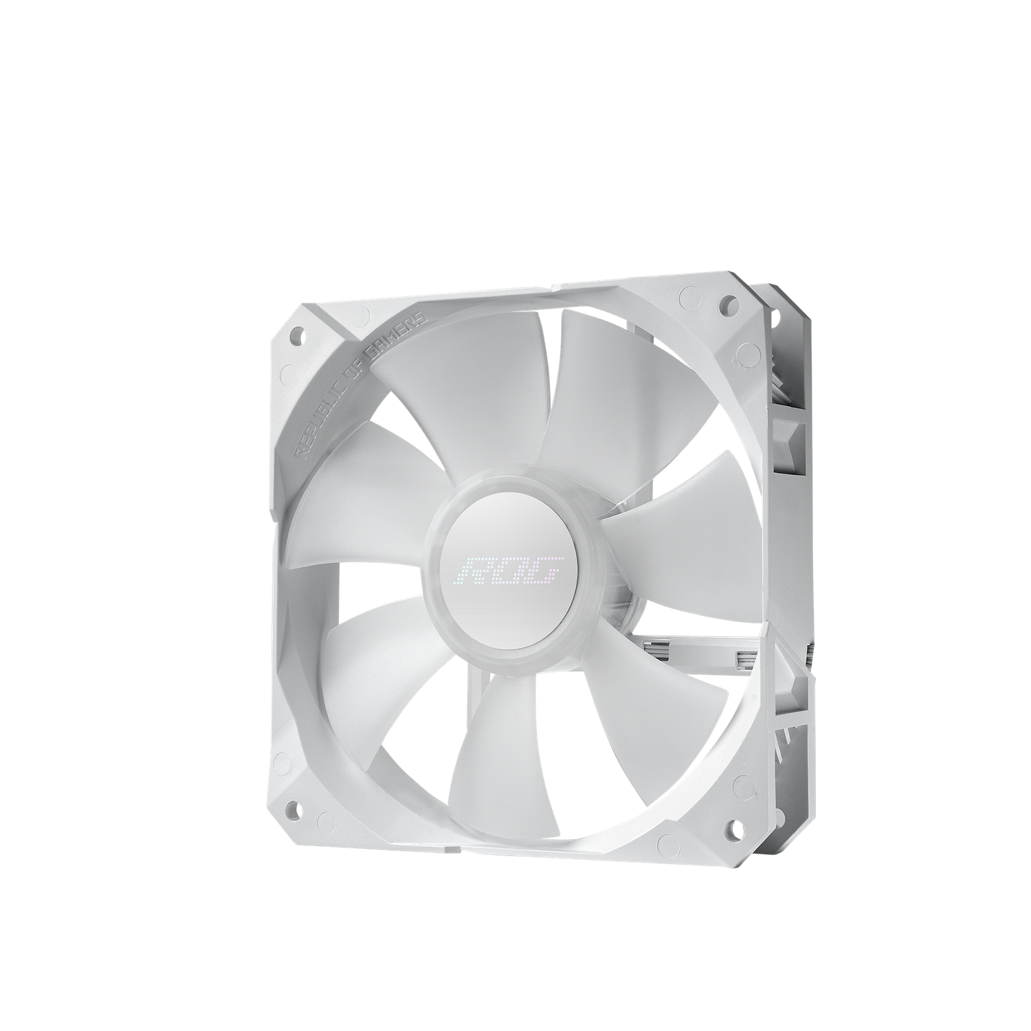 White computer fan with nine blades and the ROG logo.