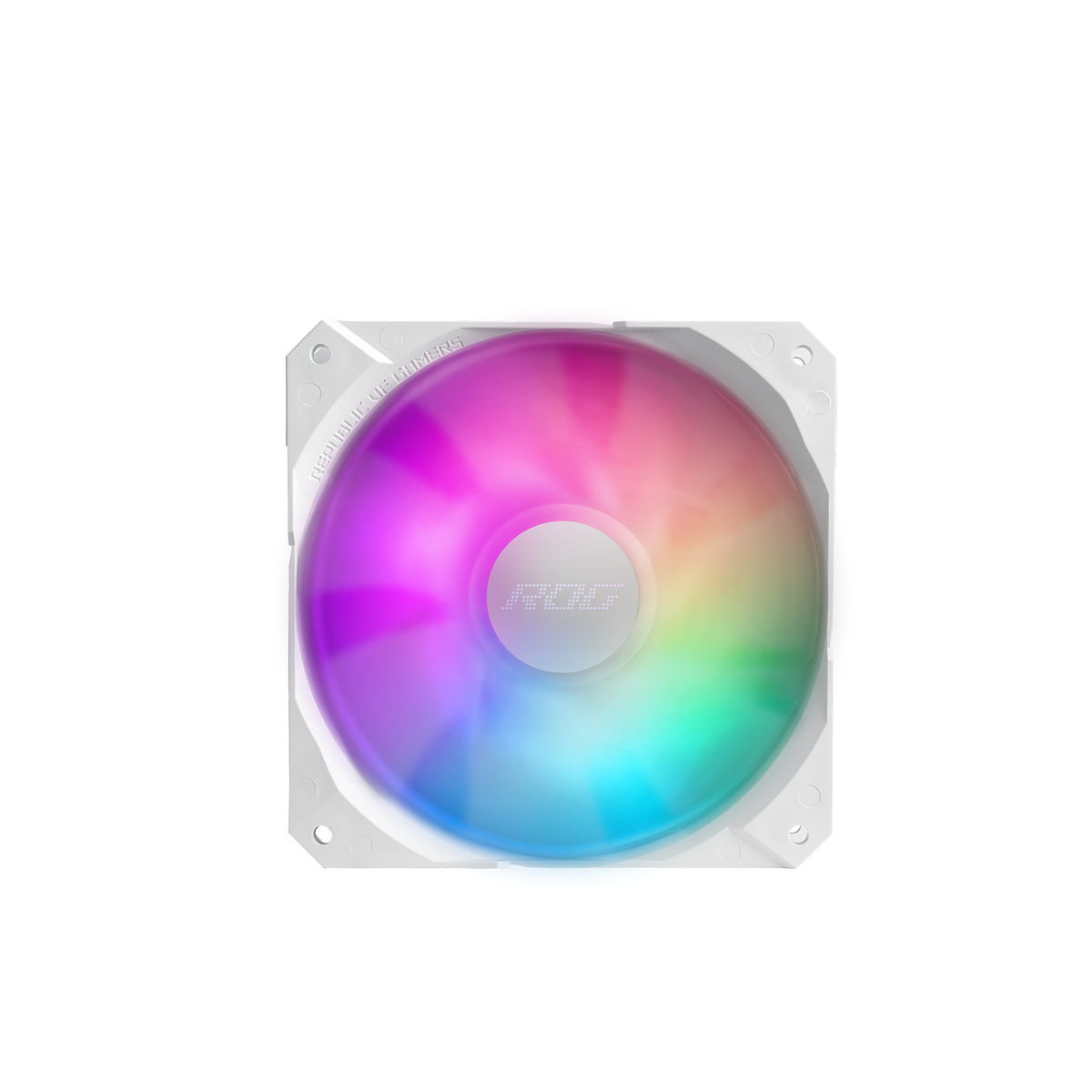 Computer fan with rainbow colored blades, white frame, and ROG logo.