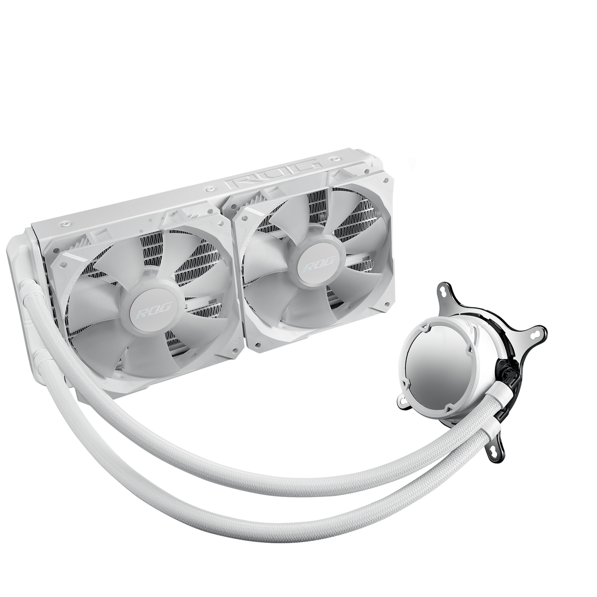 White ROG liquid cooler with two fans, tubes, and a pump. Isolated on white background.