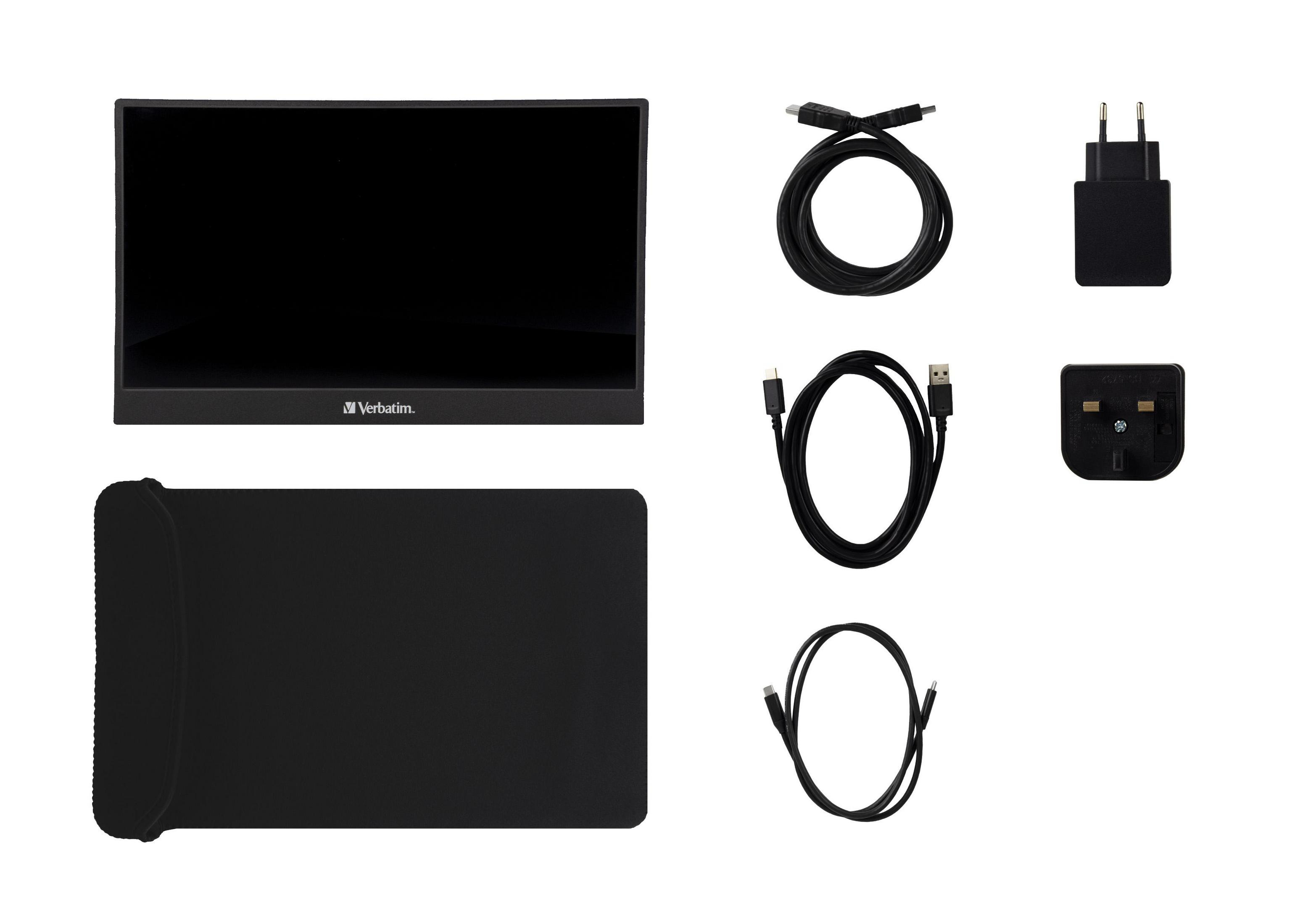 Czarny monitor, kable i wtyczki na białej powierzchni. Obecna jest również czarna podkładka pod mysz.