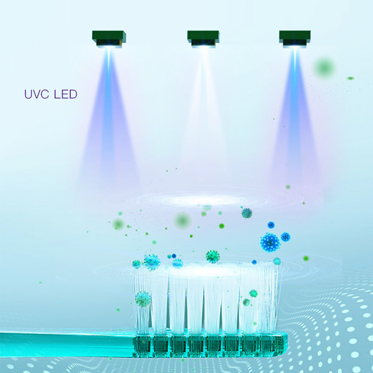 Zahnbürste mit UVC-LED-Leuchten. Blaue Lichtstrahlen scheinen auf die Borsten. Grüner Griff mit blauem Hintergrund.