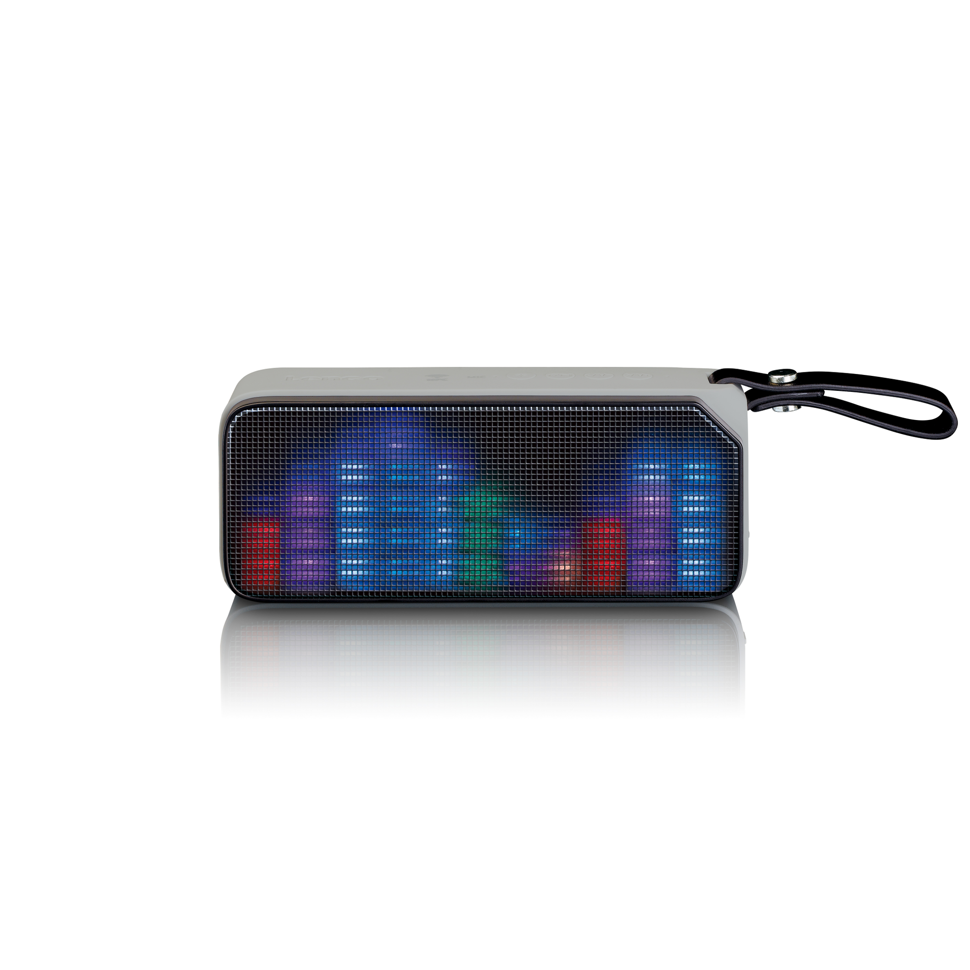 Ein kleiner Lautsprecher mit einem vorderen Gitter, das mit mehrfarbigen LEDs beleuchtet wird, Reflexion.