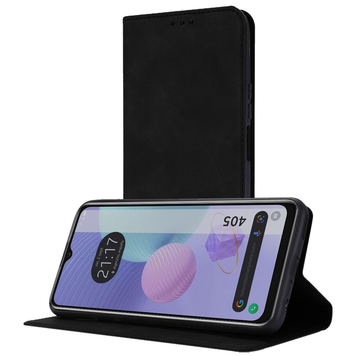 Custodia nera con telefono dentro, che mostra l'ora e un design viola.