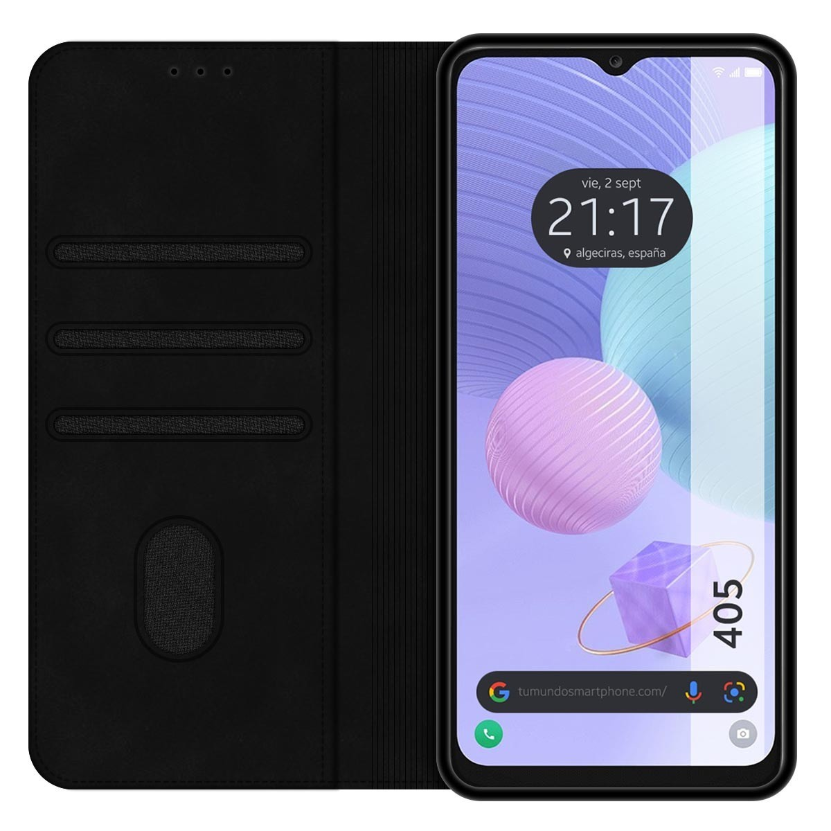Telefono nero in custodia nera. Il telefono mostra ora e data. La custodia ha slot.