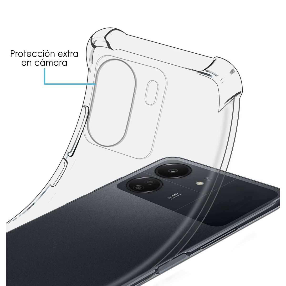 Un telefono in una custodia con protezione extra per la fotocamera. Il telefono è rivolto verso il basso.