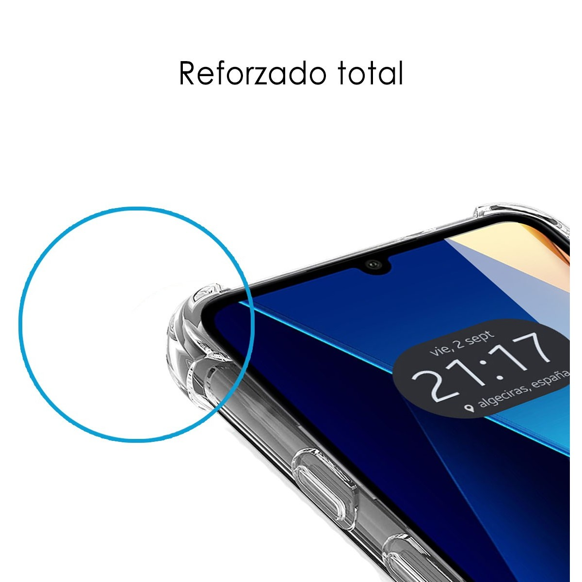Telefono con custodia trasparente in primo piano. Schermo mostra data e ora.