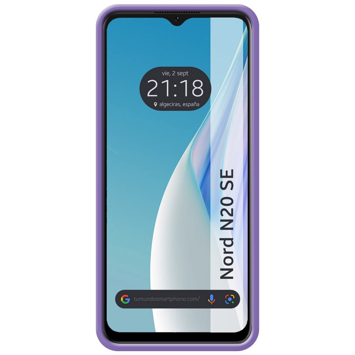 Telefono viola con protezione schermo che mostra ora, data e posizione.