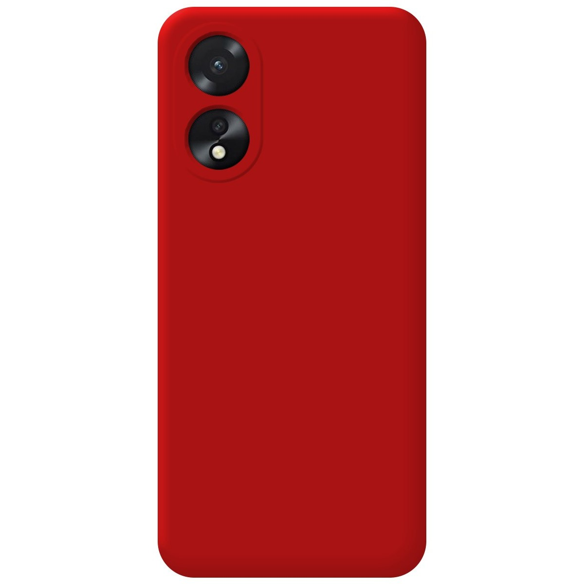 Custodia rossa per telefono. Due obiettivi della fotocamera. Design semplice. Nessuna funzionalità aggiuntiva visibile.