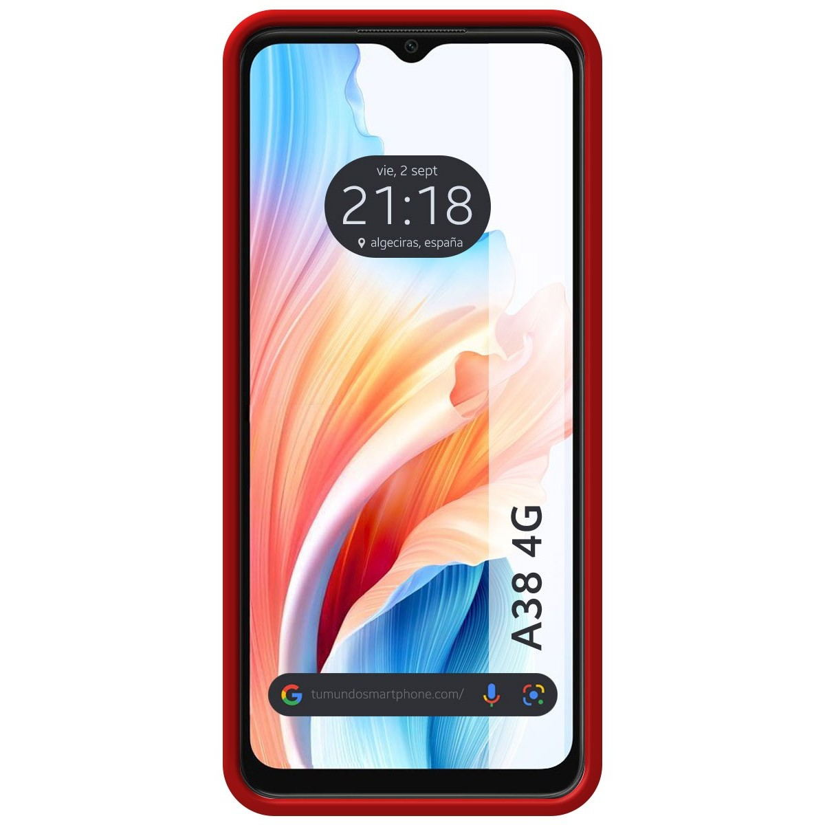Telefono in custodia rossa, che mostra uno schermo con data, ora e un logo.