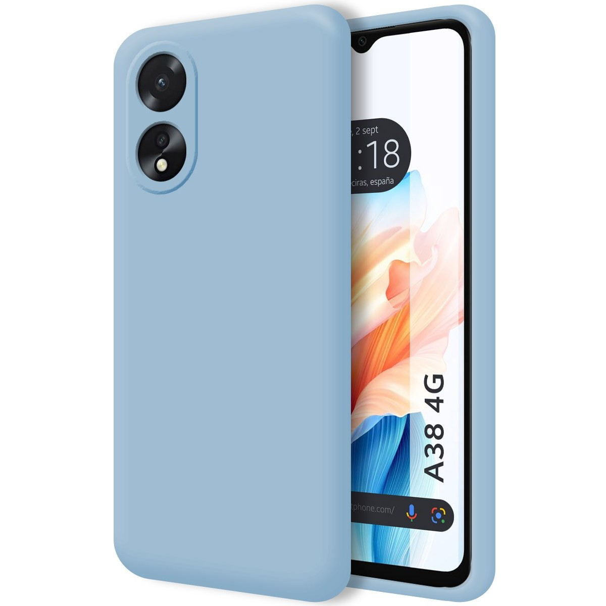 Custodia per telefono blu cielo su sfondo bianco. Telefono visibile con due fotocamere e schermo.