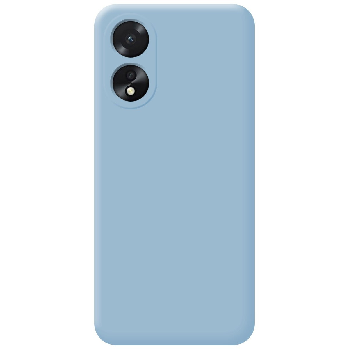Una custodia per telefono azzurra con un modulo fotocamera è in mostra.