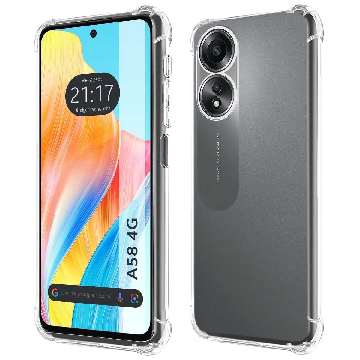 Telefono con custodia, che mostra lo schermo e le fotocamere. Ora e luogo visualizzati.
