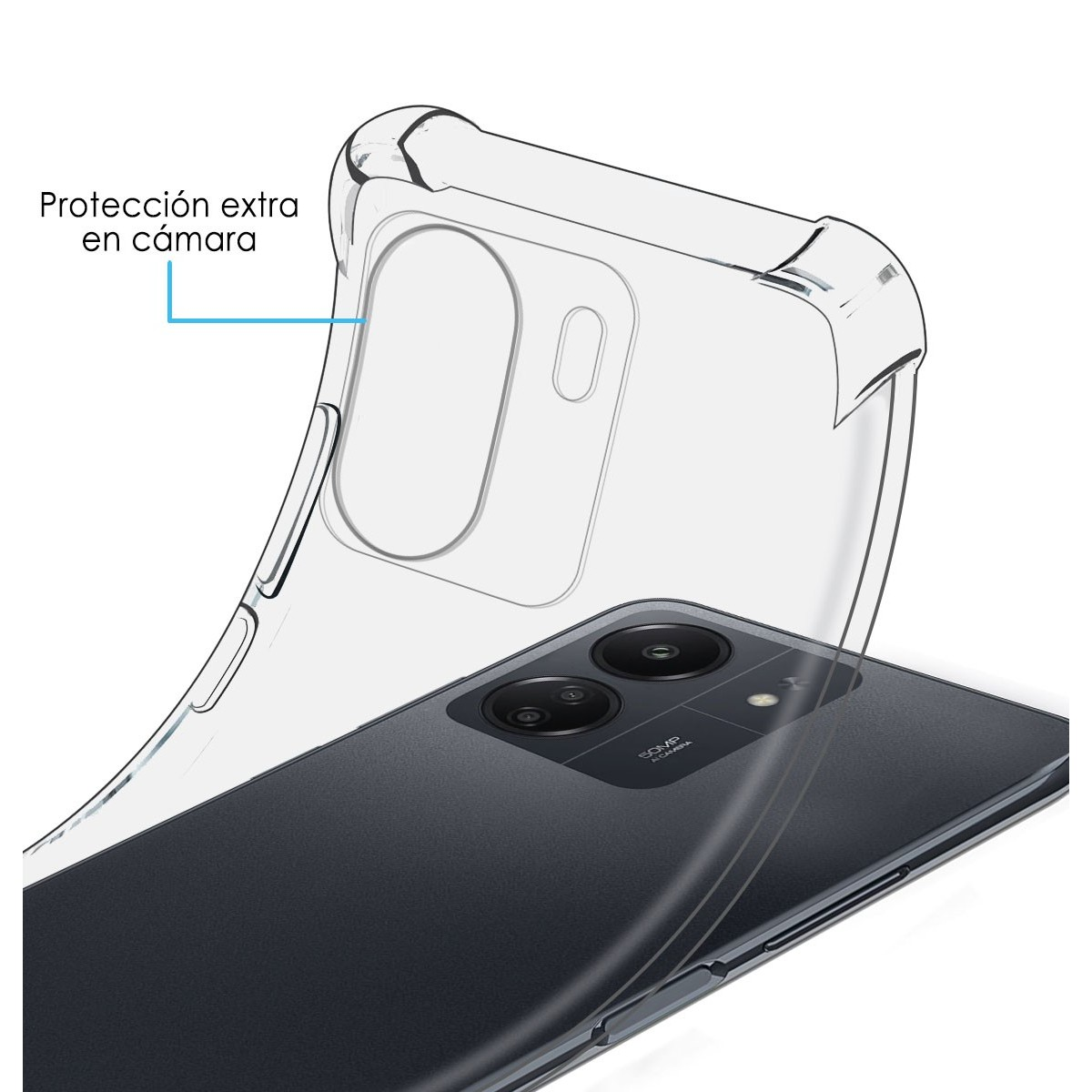 Teléfono y funda, funda transparente con protección de cámara.