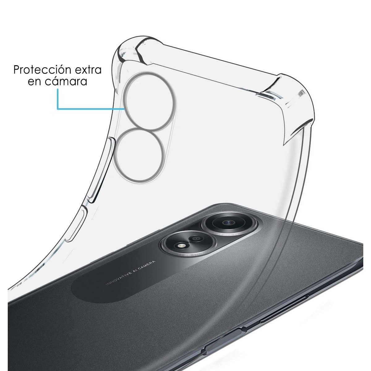 Custodia trasparente per telefono su un telefono nero. Il testo recita, protezione fotocamera extra. Sfondo bianco.