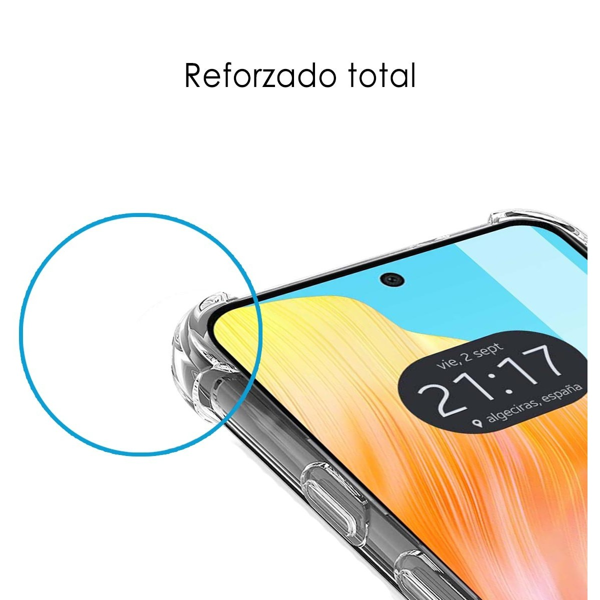 Custodia trasparente su un telefono con lo schermo visibile. Testo 'Reforzado total'.