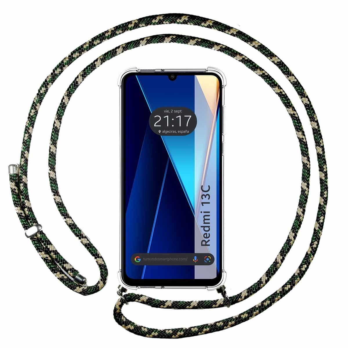 Telefono con cordino. Il telefono ha uno schermo con testo. Lo sfondo è bianco.