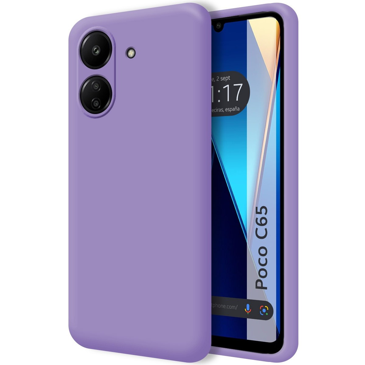Custodia viola con telefono che mostra schermo con data e ora. Testo Poco C65 sul lato.