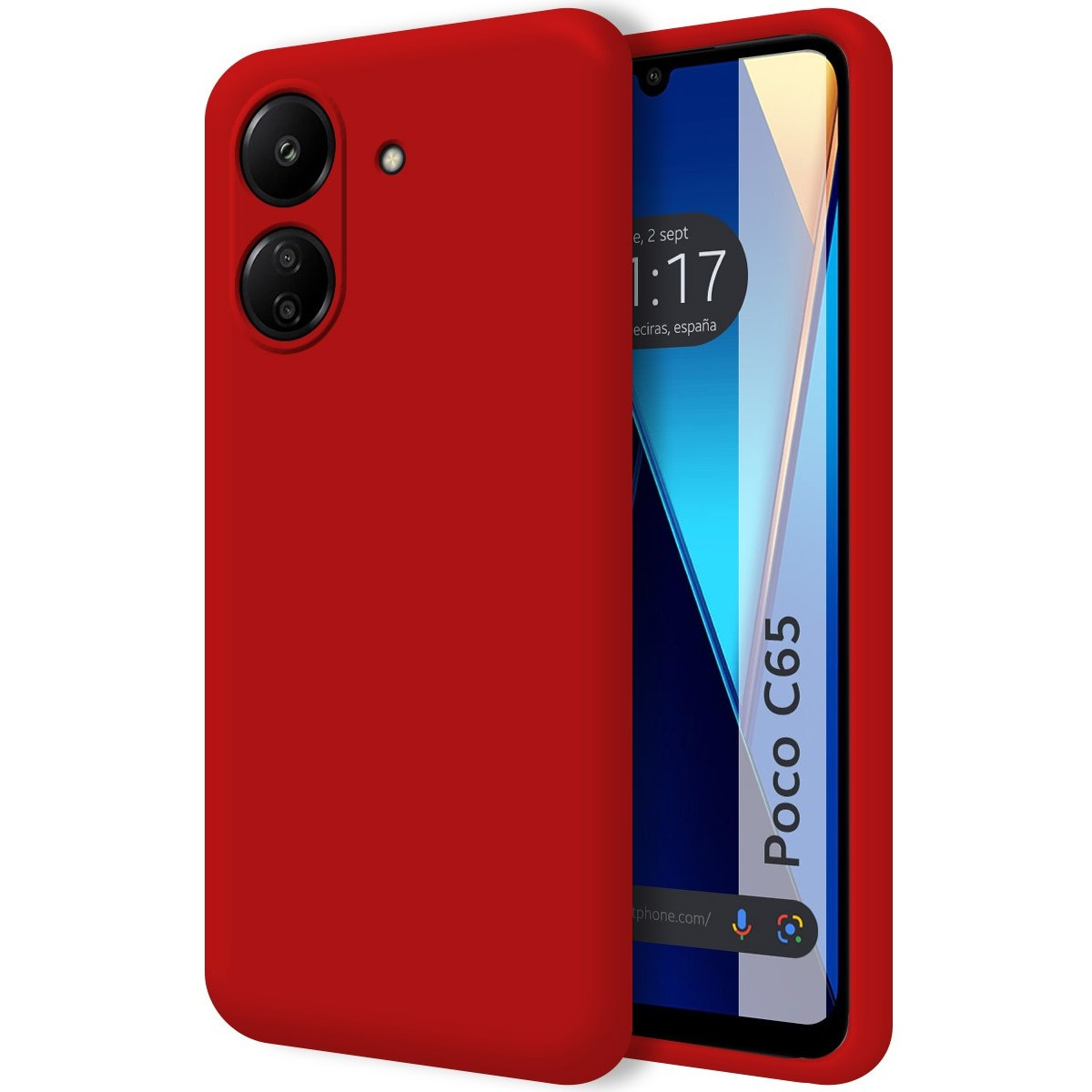 Custodia per telefono rossa con un telefono all'interno, che mostra uno schermo.
