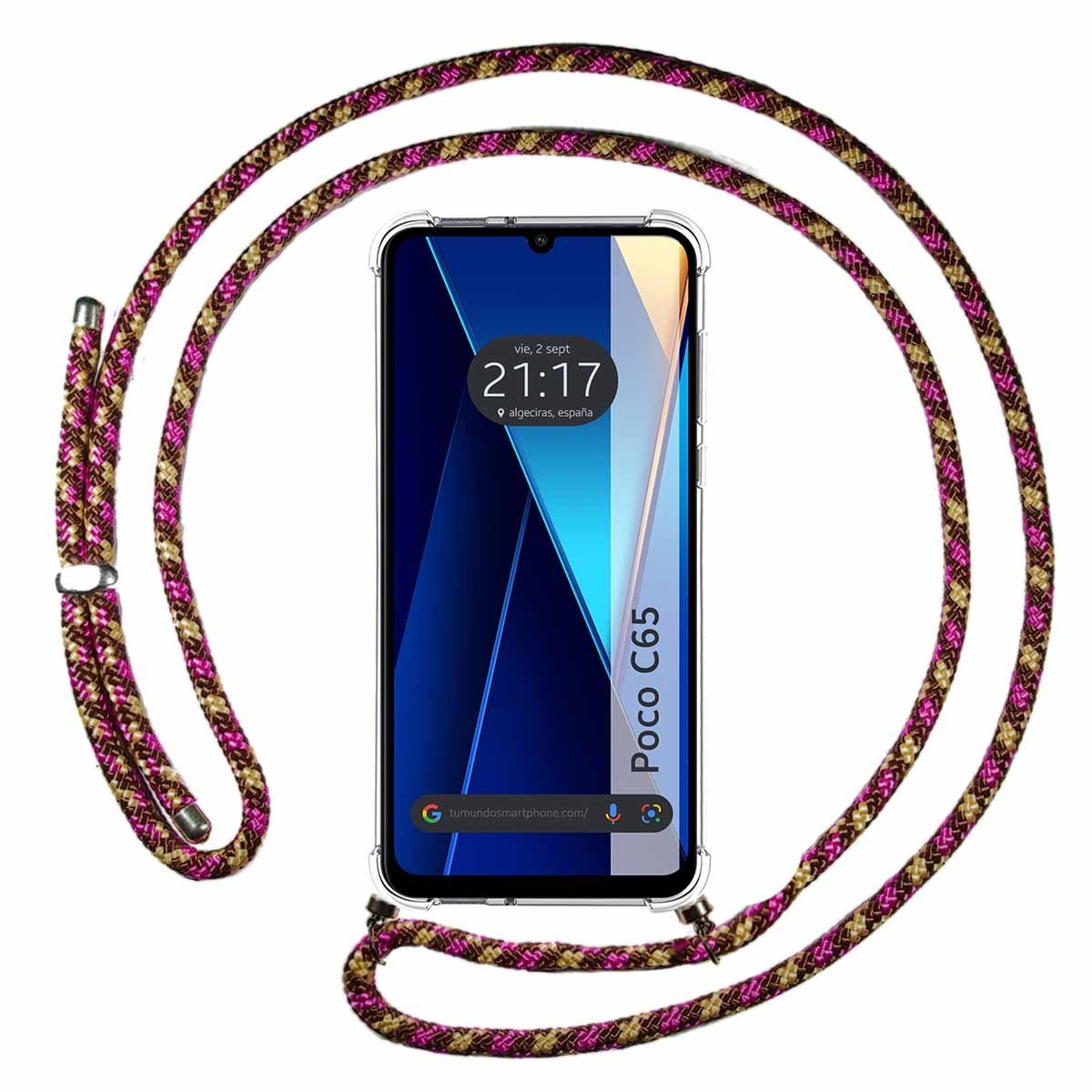 Una custodia trasparente con un telefono all'interno e un cinturino rosa e marrone.