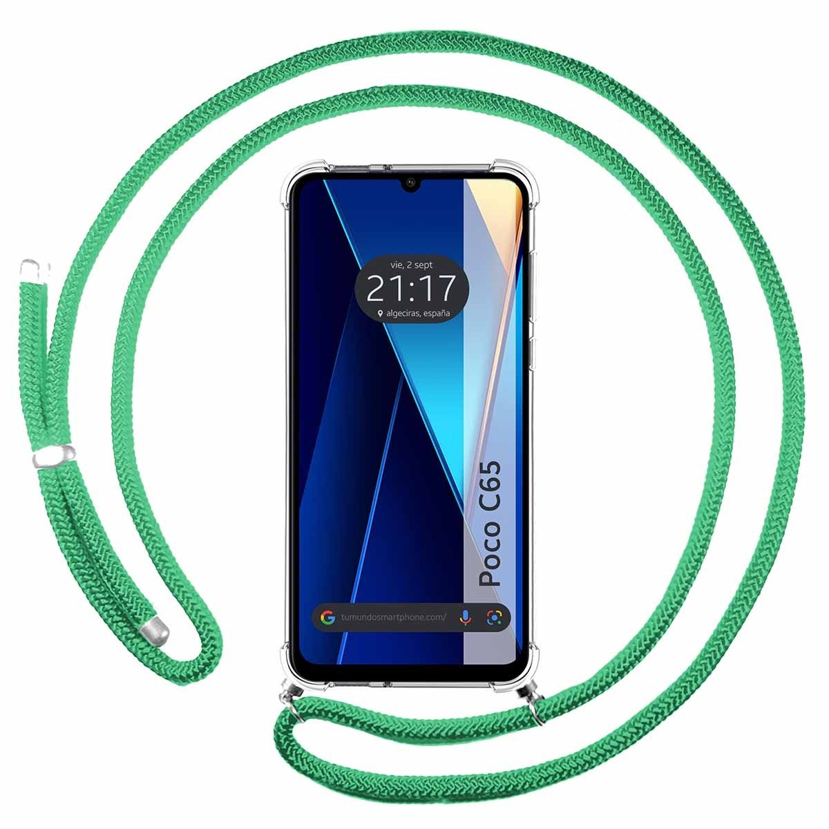 Una custodia trasparente con un cordino verde attorno a un telefono Poco C65.