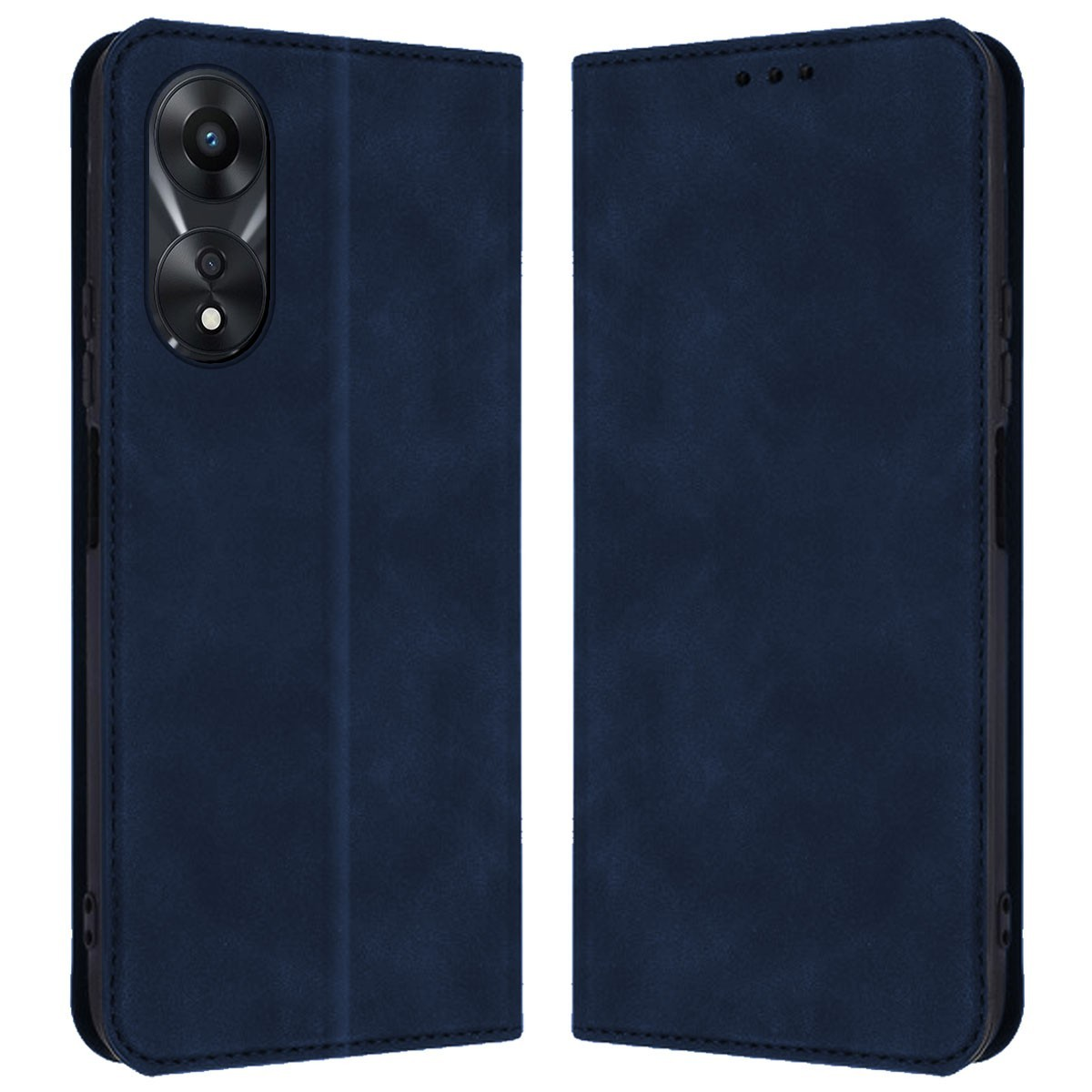 Una custodia per telefono con una texture in pelle. È di colore blu scuro. La custodia è aperta piegata.