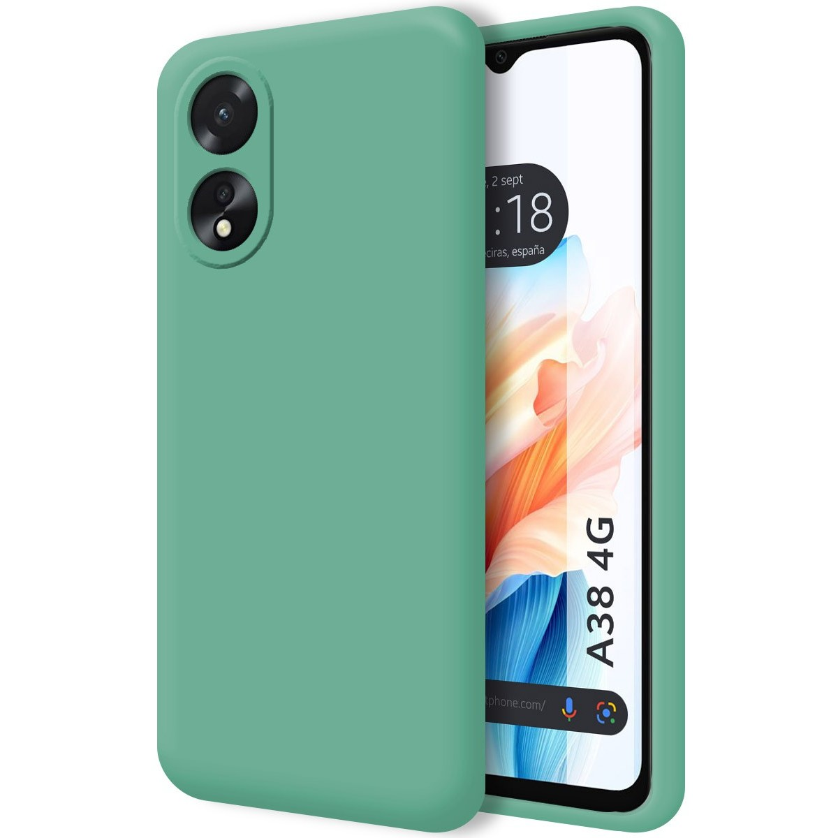 Una custodia verde per telefono su un telefono. Lo schermo del telefono mostra la data e l'ora. A38 4G è visibile.