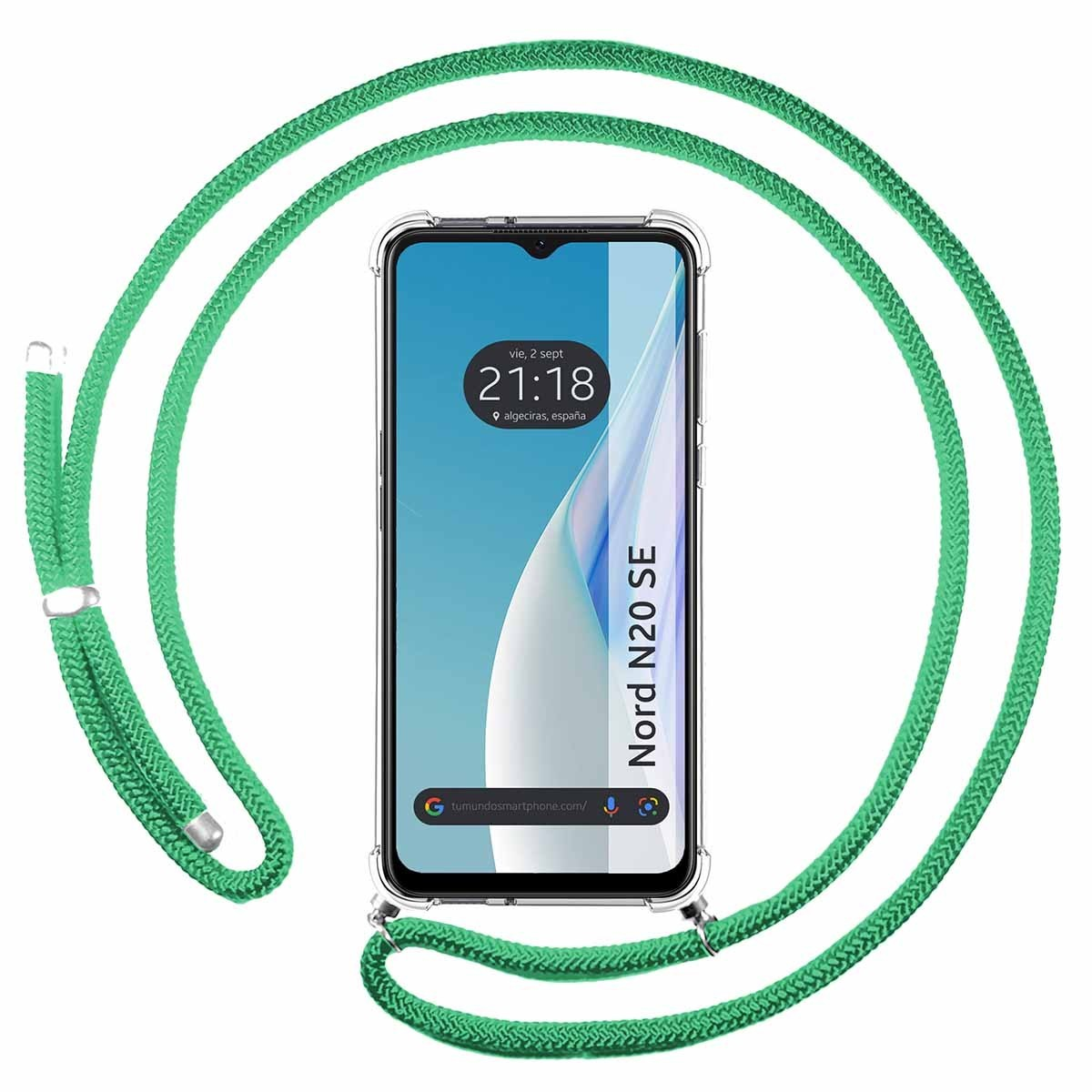 Telefono con cordino verde attaccato. Schermo mostra ora e data. Testo 'Nord N20 SE'.