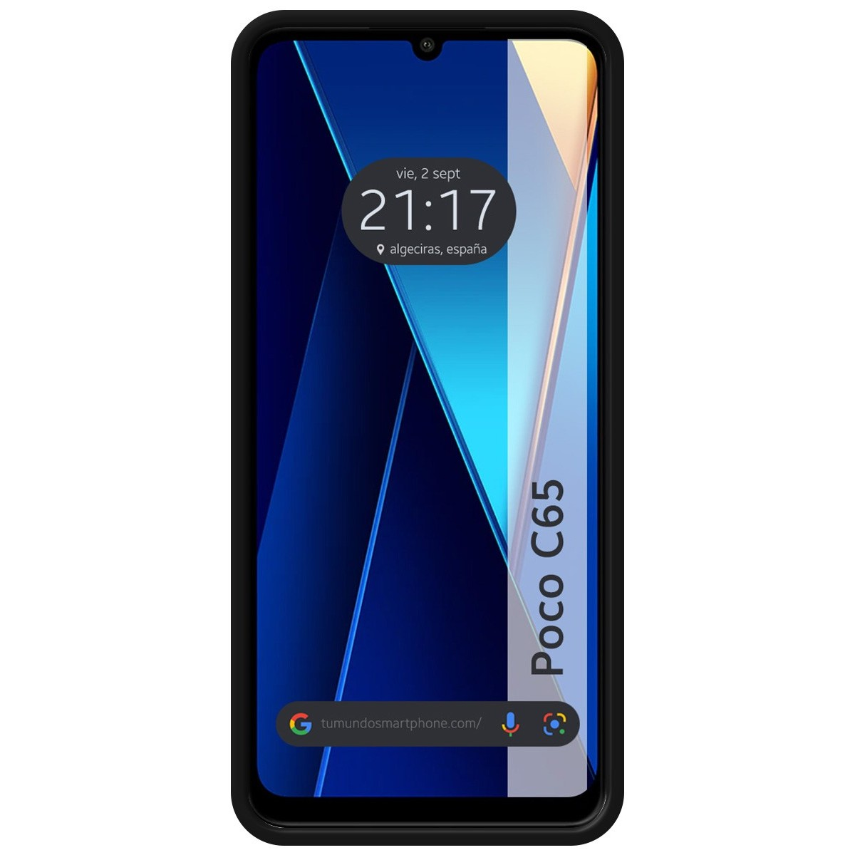 Telefono con visualizzazione dell'ora, in custodia nera. Testo: Poco C65.