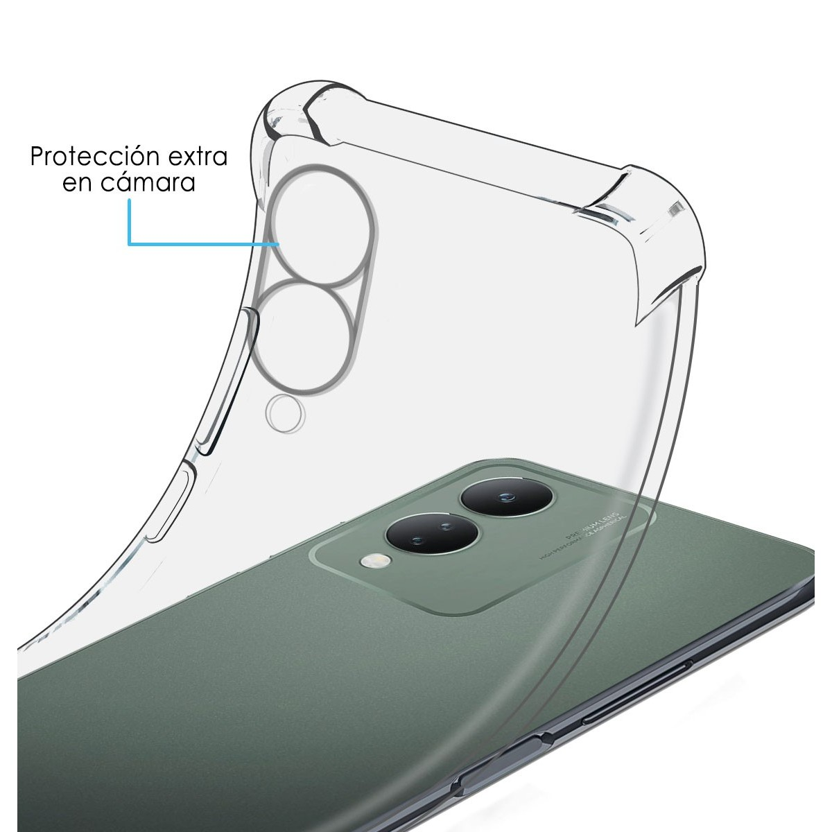 Una custodia per telefono con retro trasparente e che mostra una protezione extra per la fotocamera. Il telefono è verde.