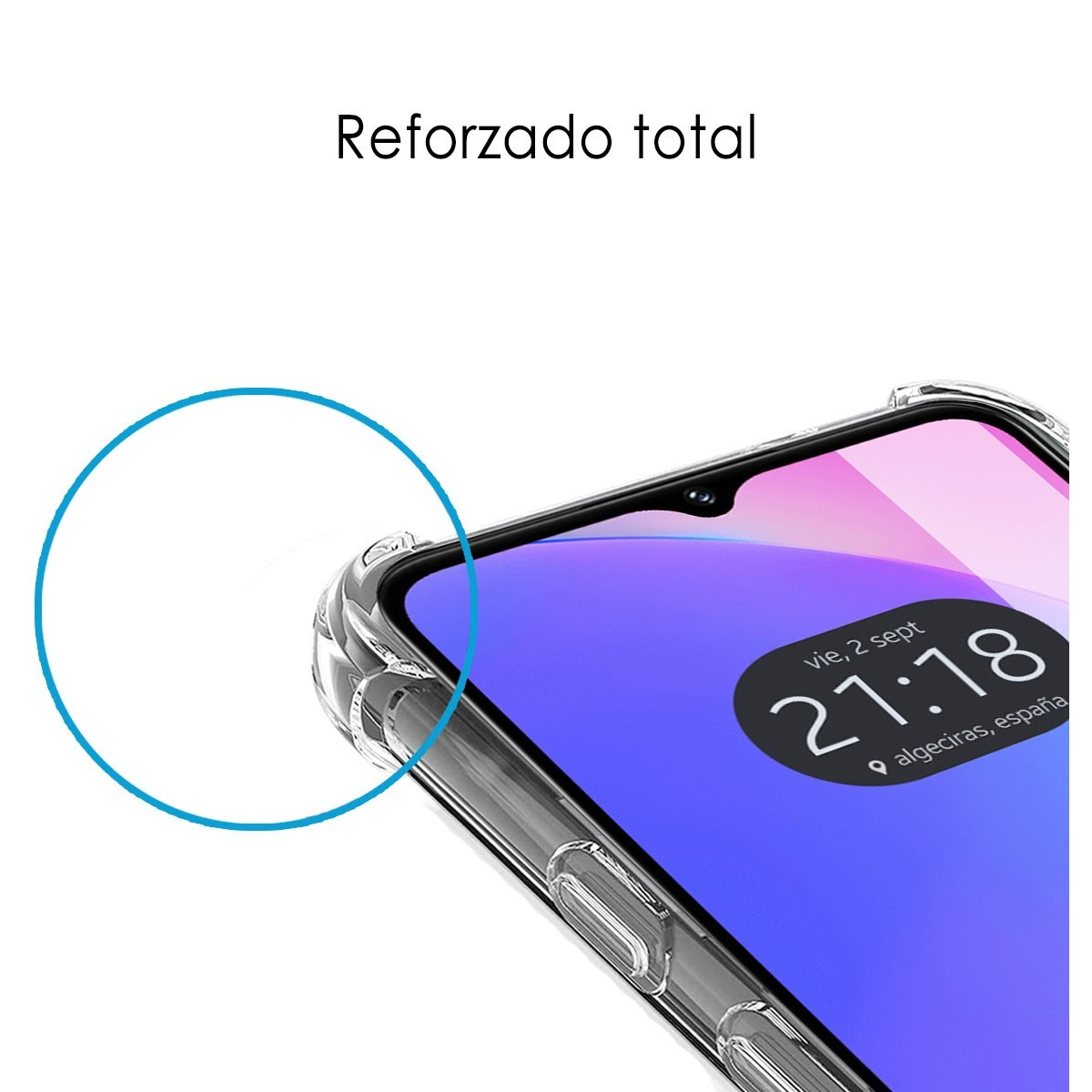 Custodia per telefono che mostra la fotocamera e l'ora sullo schermo. Custodia trasparente con un cerchio blu.