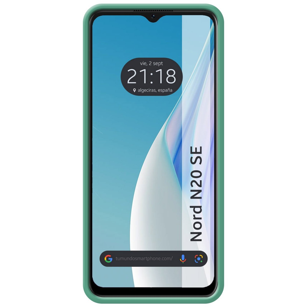 Smartphone en funda verde. La pantalla muestra un diseño borroso con hora y fecha.