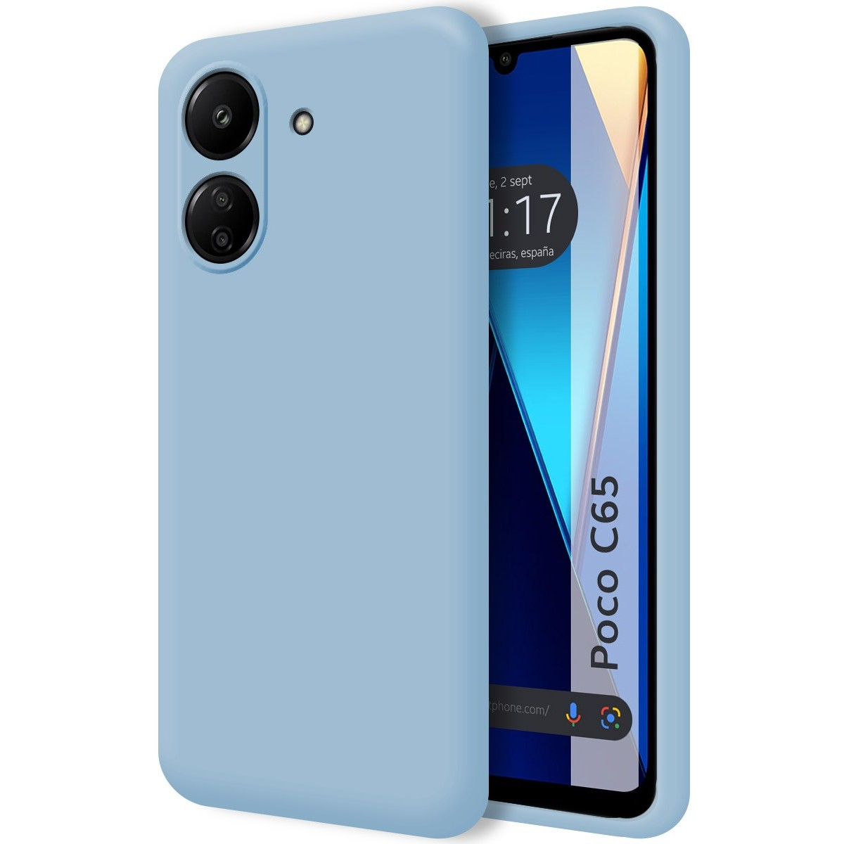 Custodia blu per telefono con Poco C65 sullo schermo.